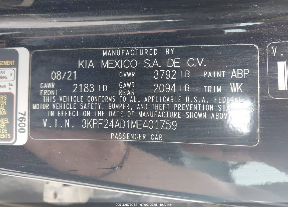 2021 KIA FORTE VIN: 3KPF24AD1ME401759