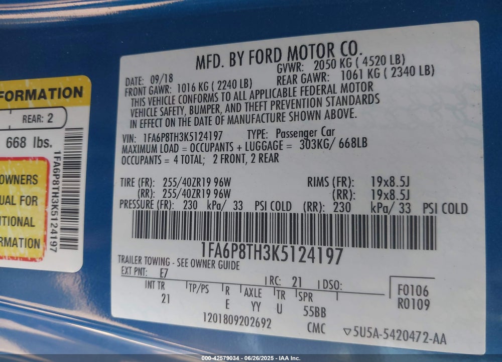 2019 FORD MUSTANG ECOBOOST VIN: 1FA6P8TH3K5124197