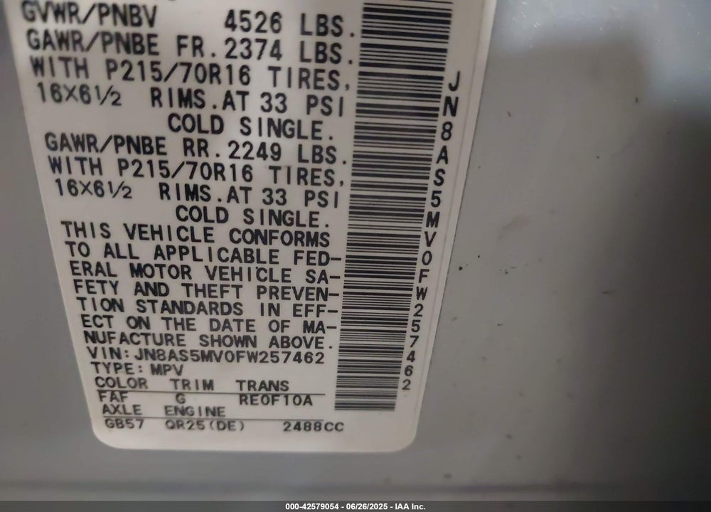 2015 NISSAN ROGUE SELECT S VIN: JN8AS5MV0FW257462