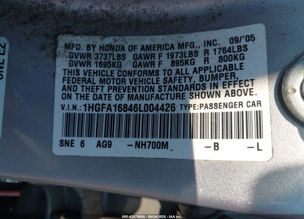2006 HONDA CIVIC VIN: 1HGFA16846L004426