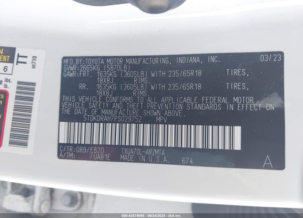 2023 TOYOTA HIGHLANDER XLE VIN: 5TDKDRAH7PS029752