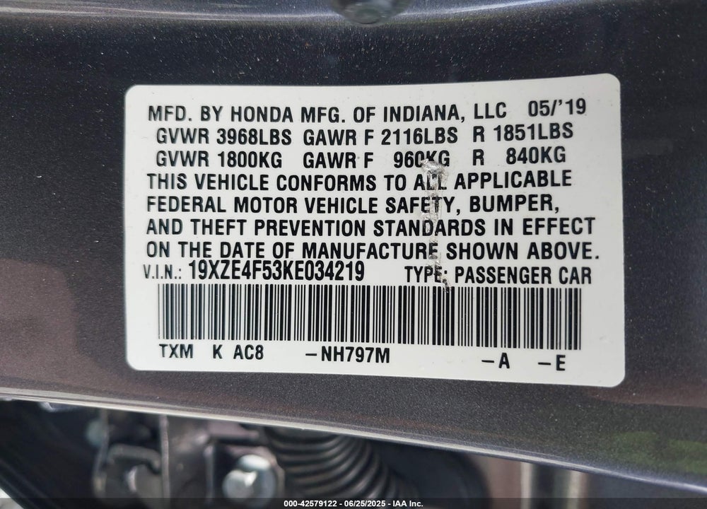 2019 HONDA INSIGHT VIN: 19XZE4F53KE034219