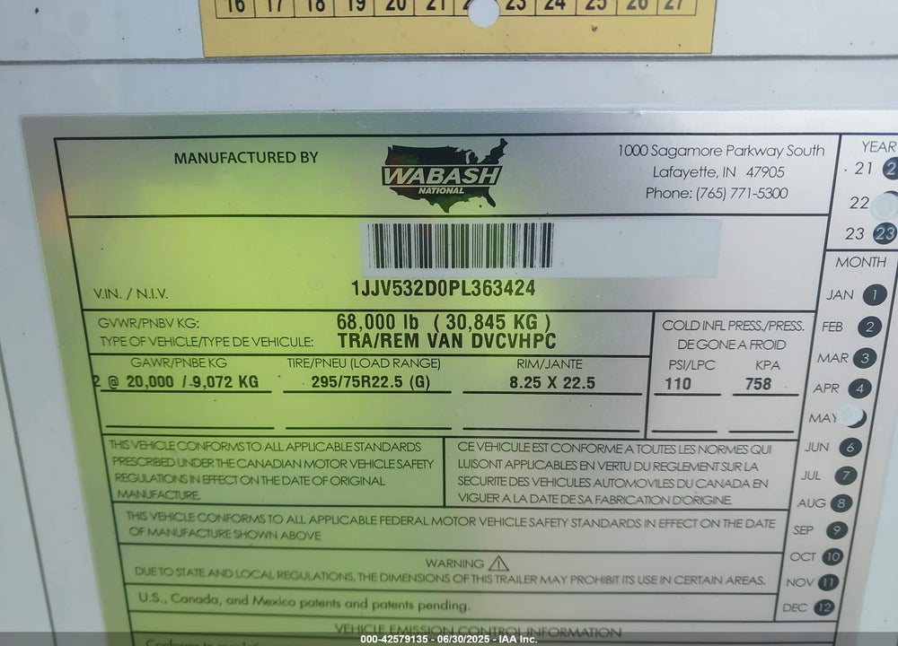 2023 WABASH NATIONAL CORP UNKNOWN VIN: 1JJV532D0PL363424