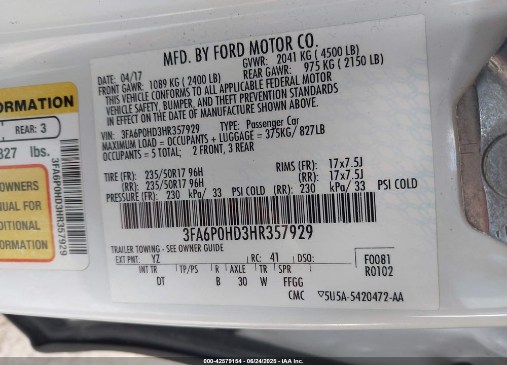 2017 FORD FUSION VIN: 3FA6P0HD3HR357929