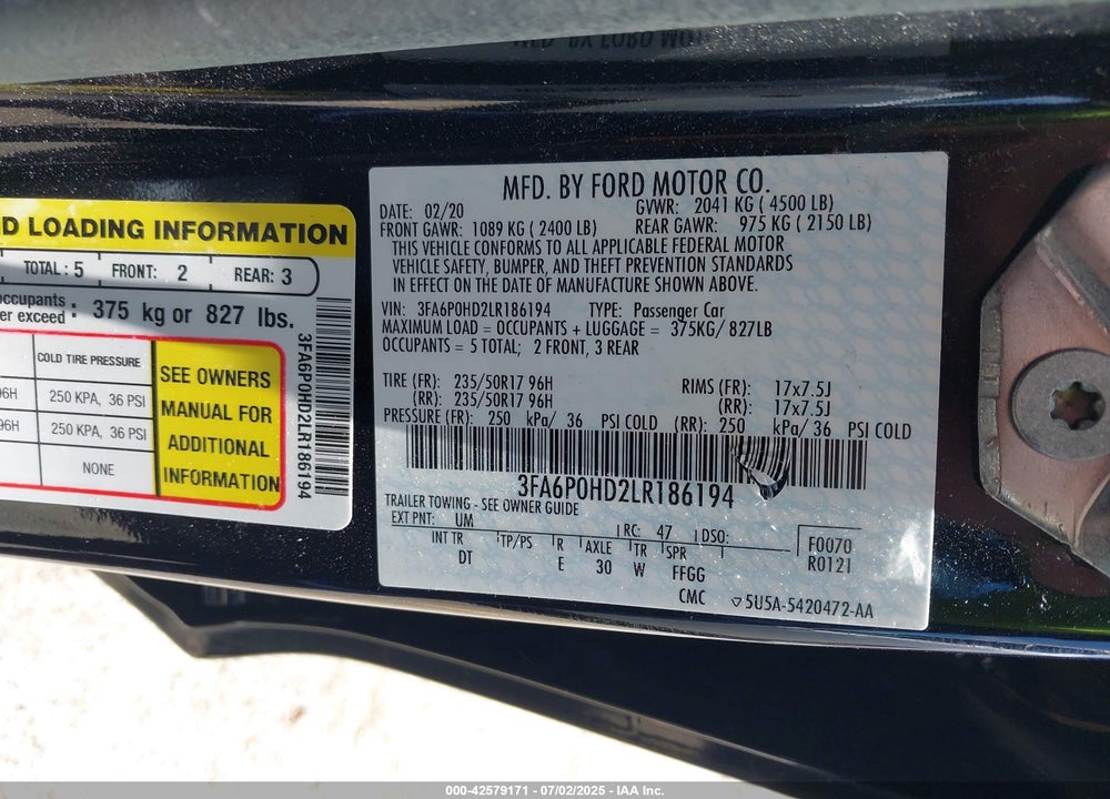 2020 FORD FUSION SE VIN: 3FA6P0HD2LR186194