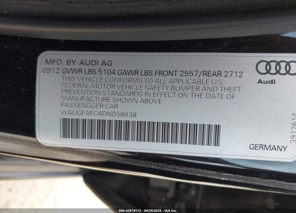 2013 AUDI A6 VIN: WAUGFAFC4DN058638