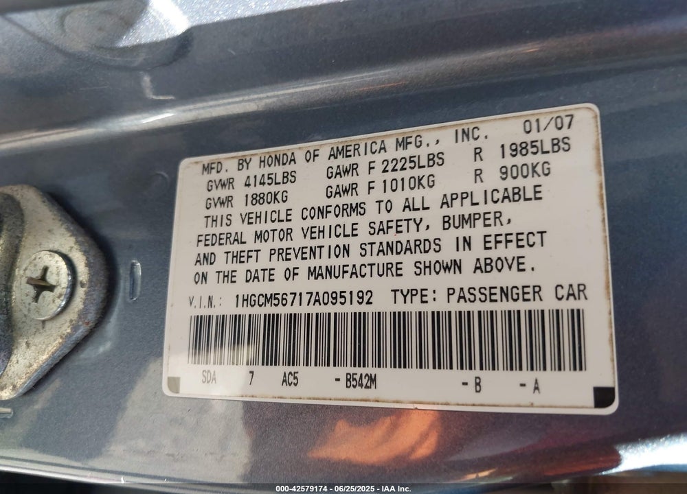 2007 HONDA ACCORD 2.4 EX VIN: 1HGCM56717A095192