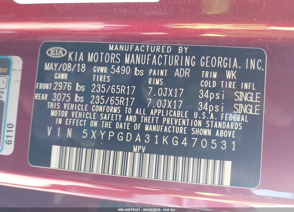2019 KIA SORENTO VIN: 5XYPGDA31KG470531