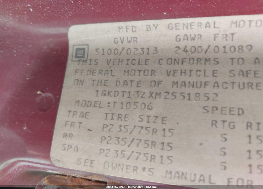 1991 GMC S15 JIMMY VIN: 1GKDT13ZXM2551852
