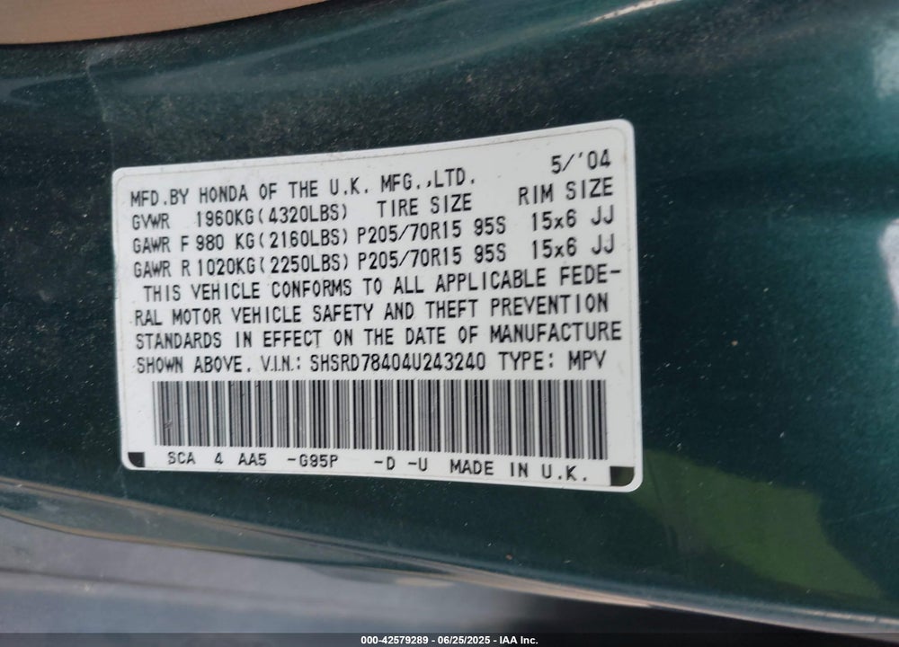 2004 HONDA CR-V LX VIN: SHSRD78404U243240