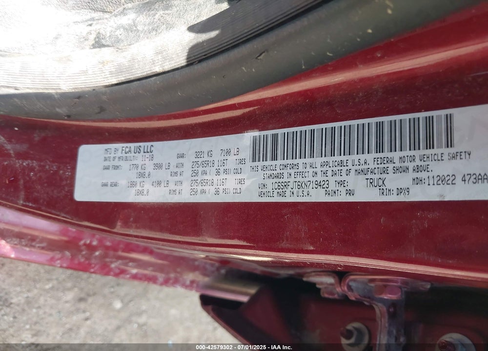 2019 RAM 1500 VIN: 1C6SRFJT6KN719423