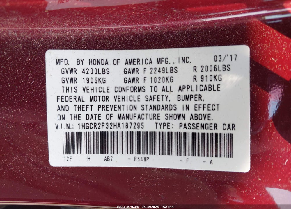 2017 HONDA ACCORD LX VIN: 1HGCR2F32HA187295