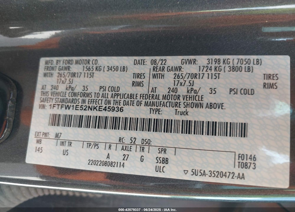 2022 FORD F-150 VIN: 1FTFW1E52NKE45936