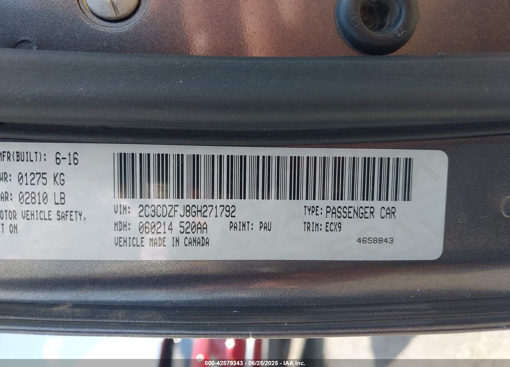 2016 DODGE CHALLENGER VIN: 2C3CDZFJ8GH271792