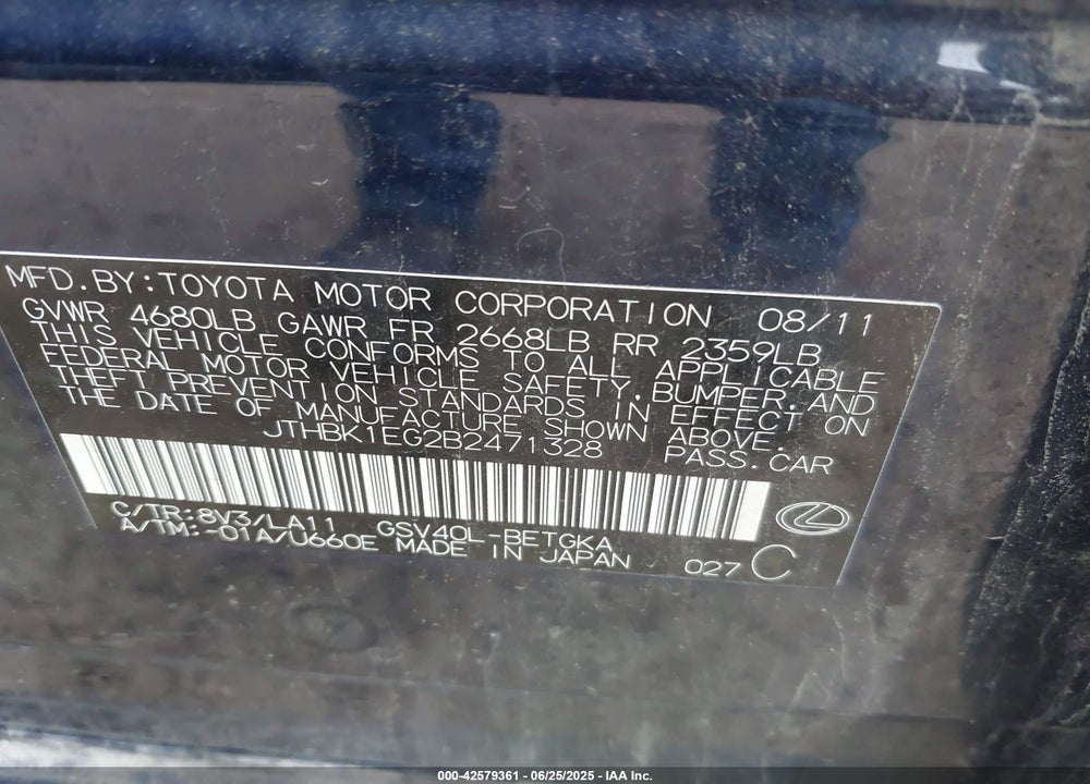 2011 LEXUS ES 350 VIN: JTHBK1EG2B2471328