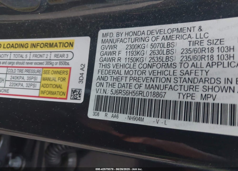 2024 HONDA CR-V VIN: 5J6RS6H56RL018867