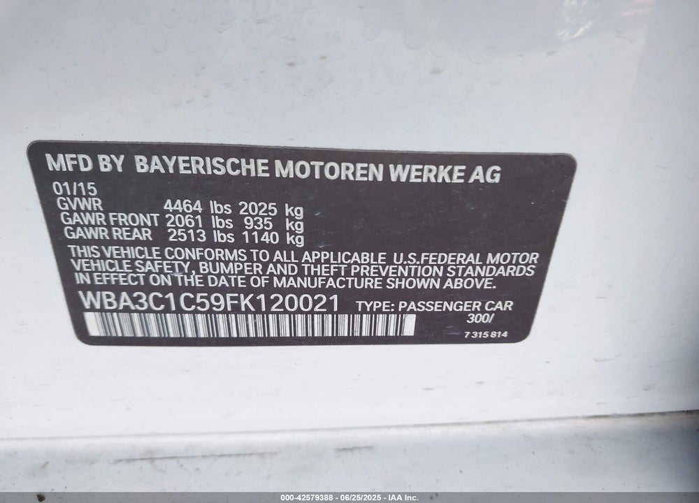 2015 BMW 3 SERIES VIN: WBA3C1C59FK120021