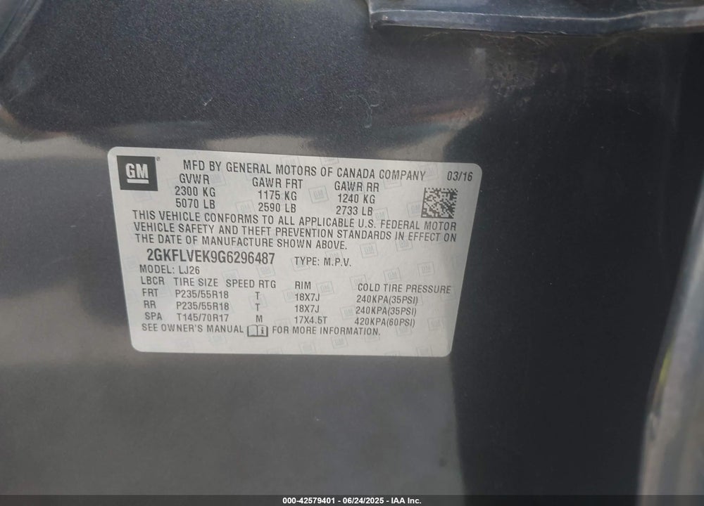 2016 GMC TERRAIN VIN: 2GKFLVEK9G6296487