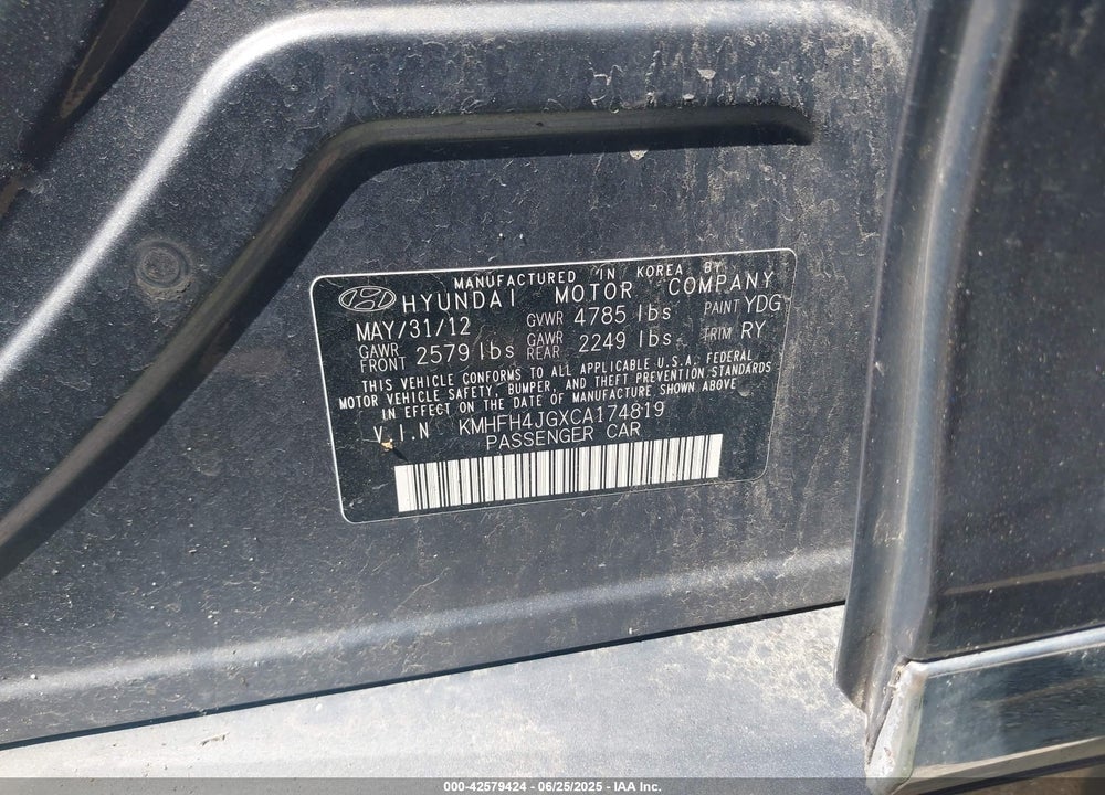 2012 HYUNDAI AZERA VIN: KMHFH4JGXCA174819