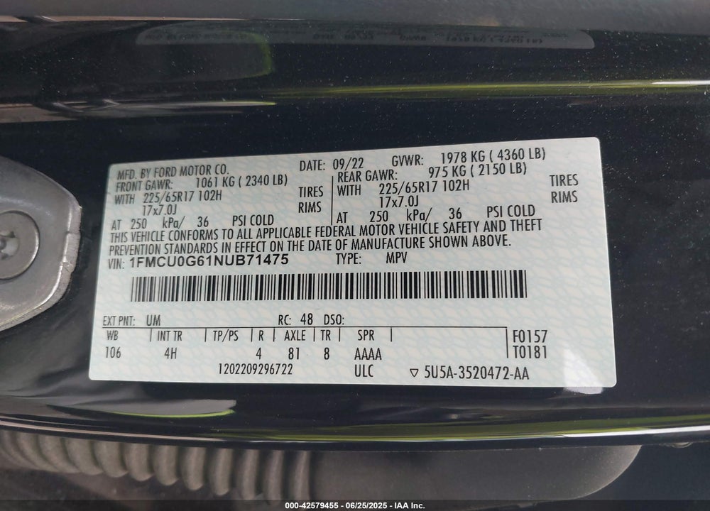 2022 FORD ESCAPE SE VIN: 1FMCU0G61NUB71475