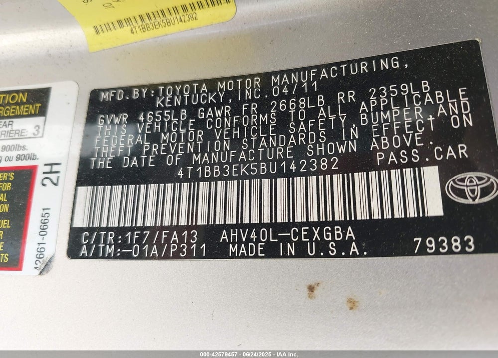 2011 TOYOTA CAMRY HYBRID VIN: 4T1BB3EK5BU142382