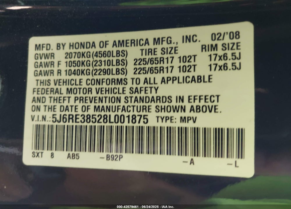 2008 HONDA CR-V VIN: 5J6RE38528L001875