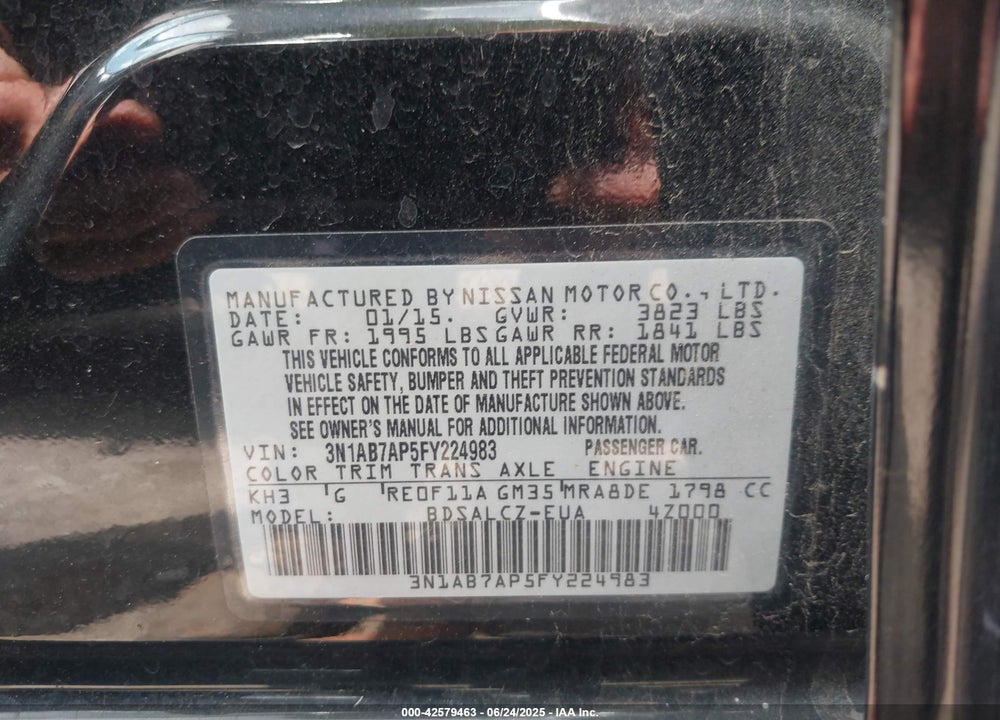 2015 NISSAN SENTRA VIN: 3N1AB7AP5FY224983