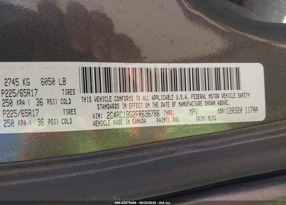2015 CHRYSLER TOWN & COUNTRY TOURING VIN: 2C4RC1BG2FR636786