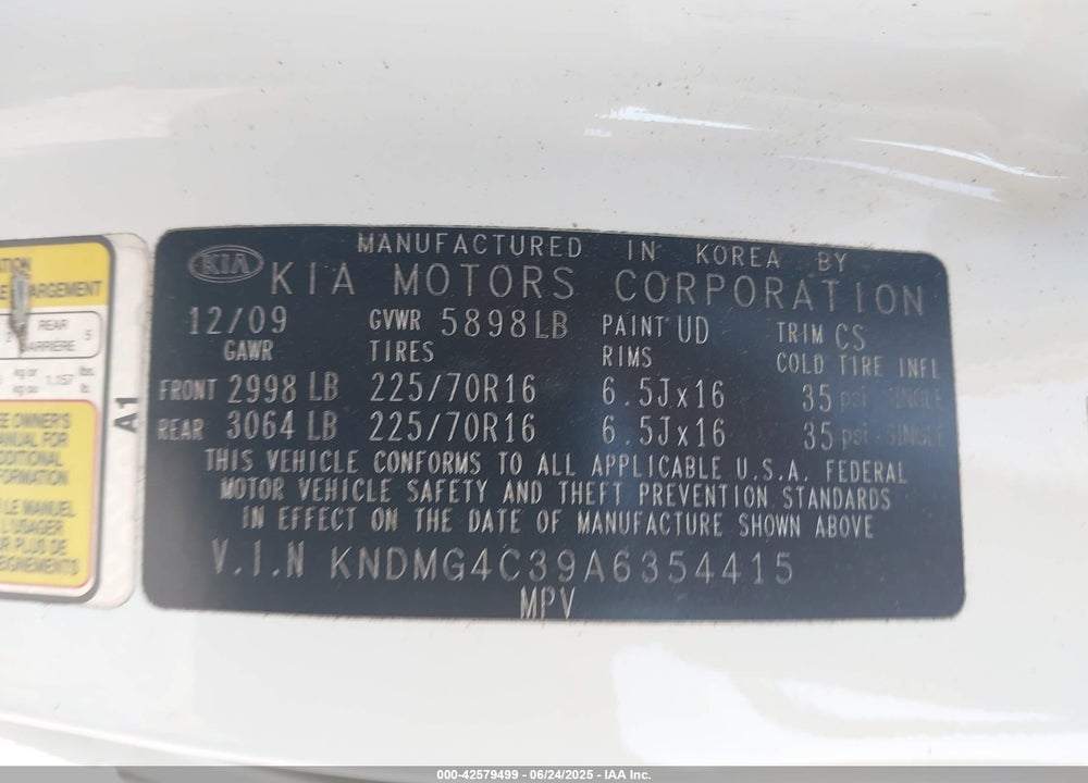2010 KIA SEDONA LX VIN: KNDMG4C39A6354415