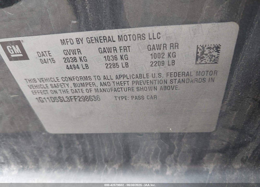 2015 CHEVROLET MALIBU VIN: 1G11D5SL3FF298636
