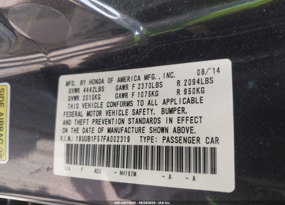 2015 ACURA TLX VIN: 19UUB1F57FA002319