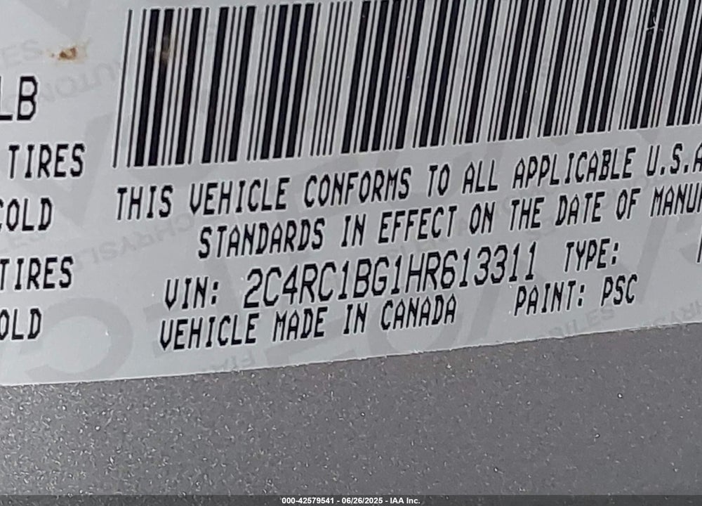 2017 CHRYSLER PACIFICA TOURING L VIN: 2C4RC1BG1HR613311