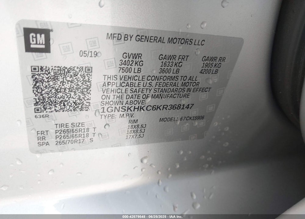 2019 CHEVROLET SUBURBAN VIN: 1GNSKHKC6KR368147