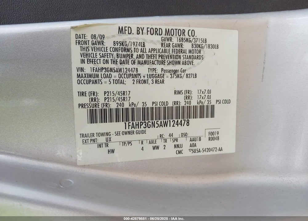 2010 FORD FOCUS VIN: 1FAHP3GN5AW124478