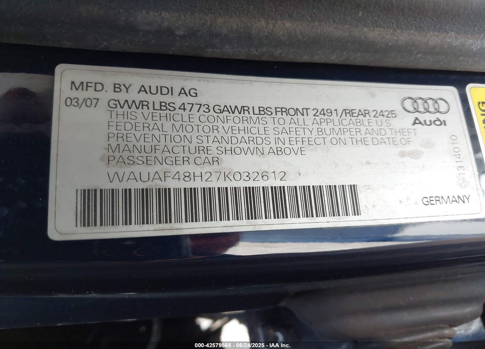 2007 AUDI A4 VIN: WAUAF48H27K032612