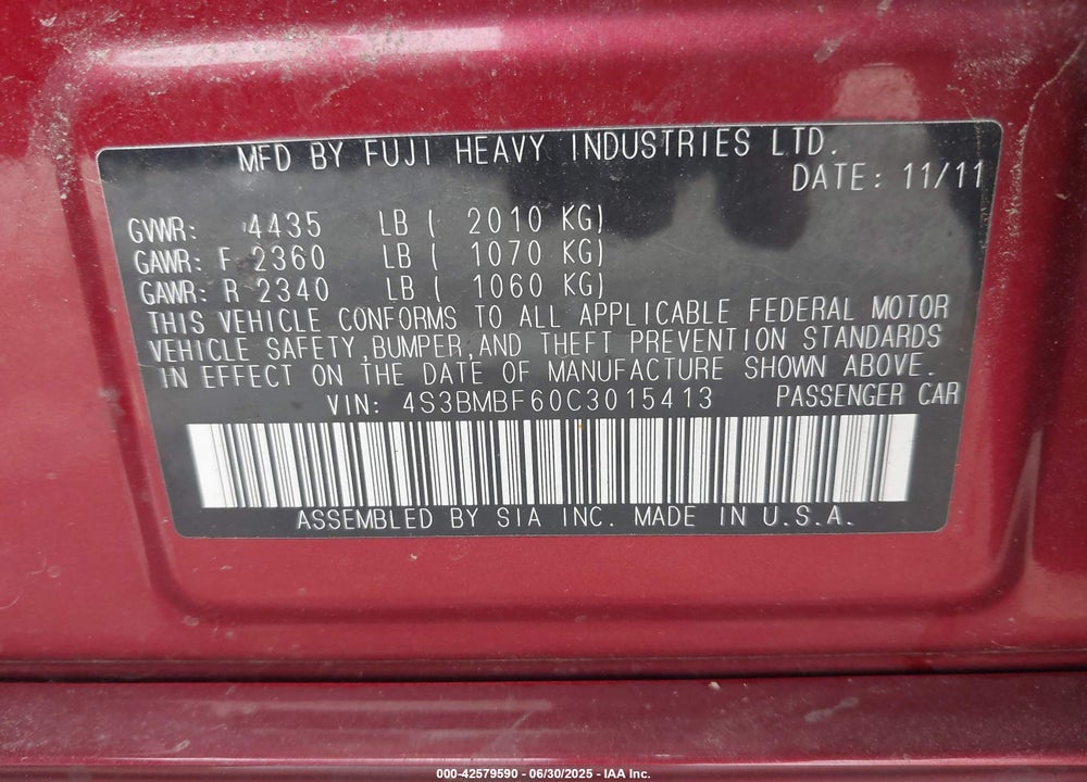 2012 SUBARU LEGACY VIN: 4S3BMBF60C3015413