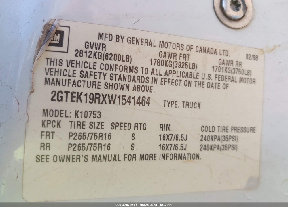 1998 GMC SIERRA 1500 SL WIDESIDE VIN: 2GTEK19RXW1541464
