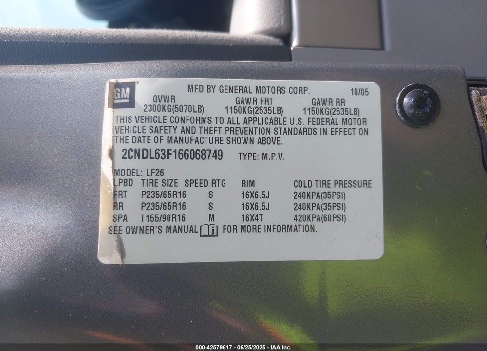 2006 CHEVROLET EQUINOX LT VIN: 2CNDL63F166068749