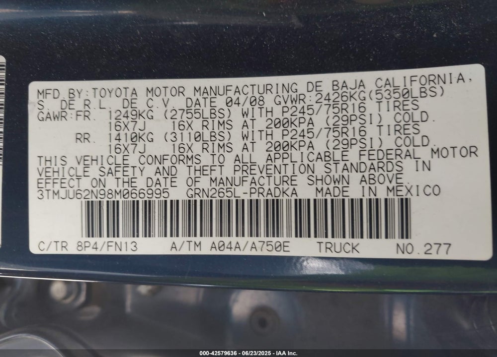 2008 TOYOTA TACOMA VIN: 3TMJU62N98M066995