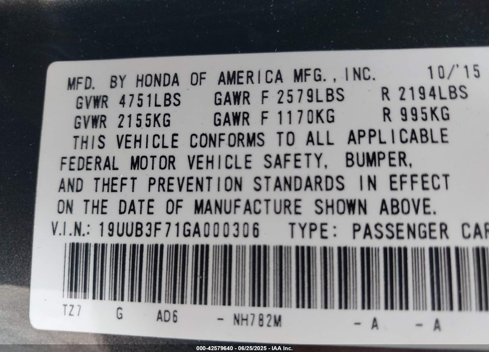2016 ACURA TLX VIN: 19UUB3F71GA000306