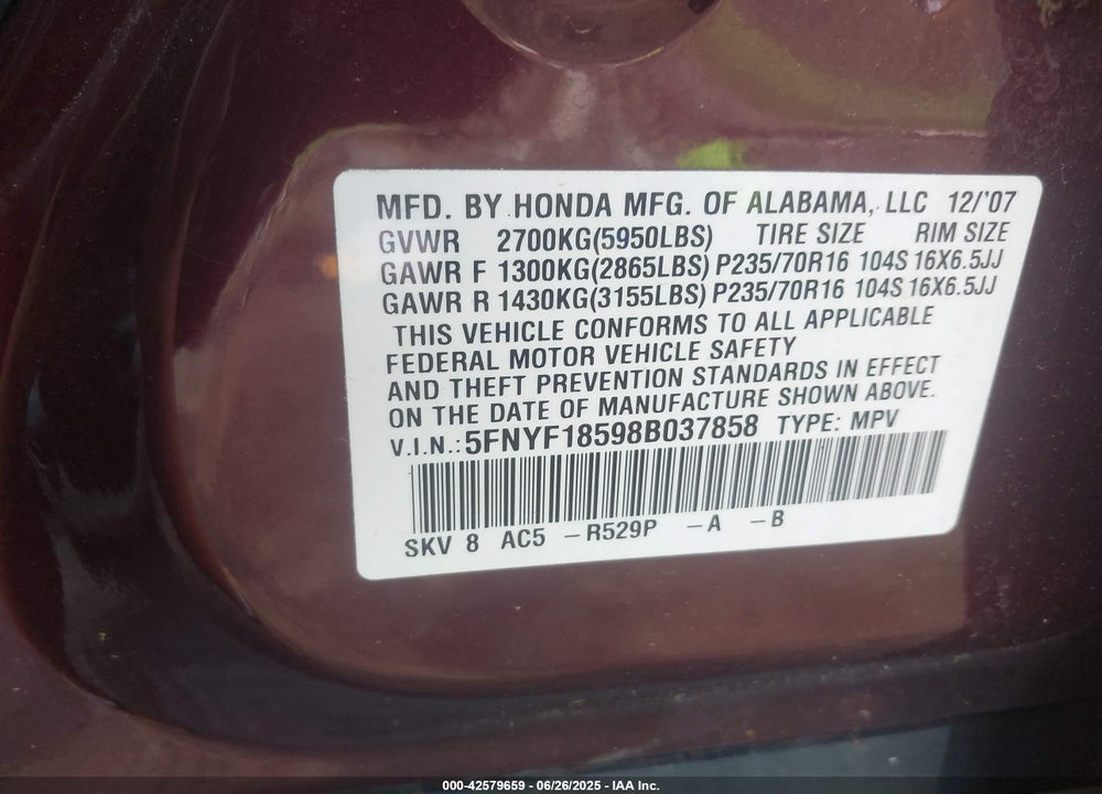 2008 HONDA PILOT EX-L VIN: 5FNYF18598B037858
