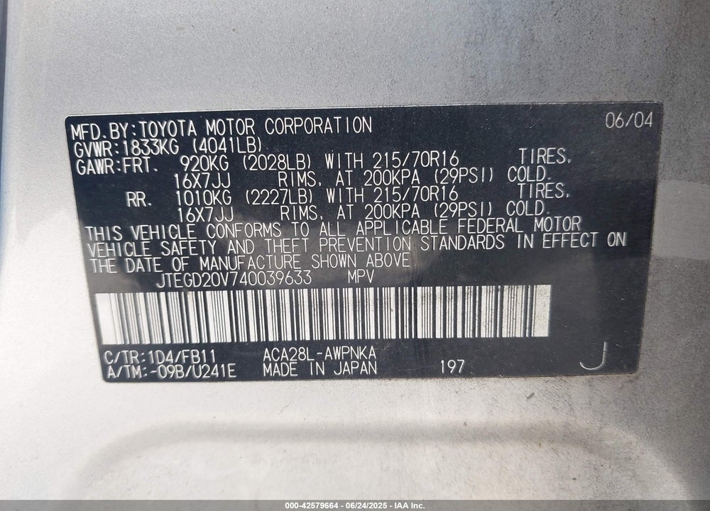 2004 TOYOTA RAV4 VIN: JTEGD20V740039633