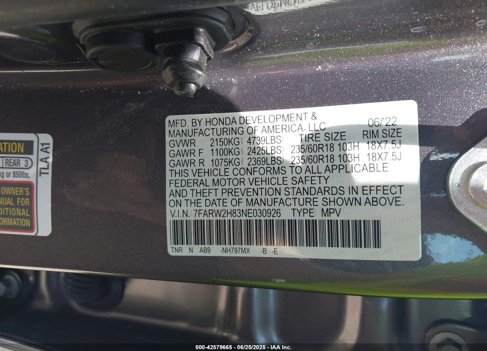 2022 HONDA CR-V AWD EX-L VIN: 7FARW2H83NE030926