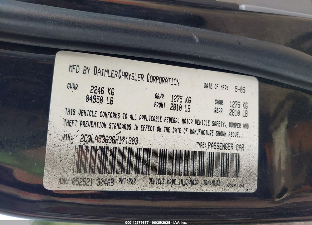 2006 CHRYSLER 300 TOURING VIN: 2C3LA53G36H171303