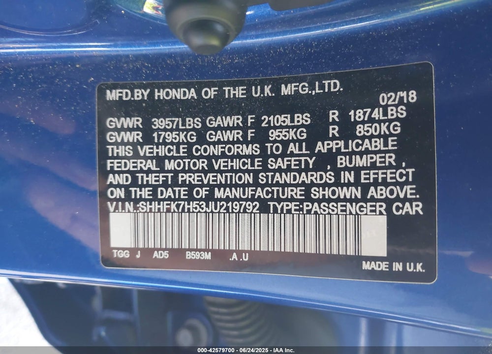 2018 HONDA CIVIC VIN: SHHFK7H53JU219792