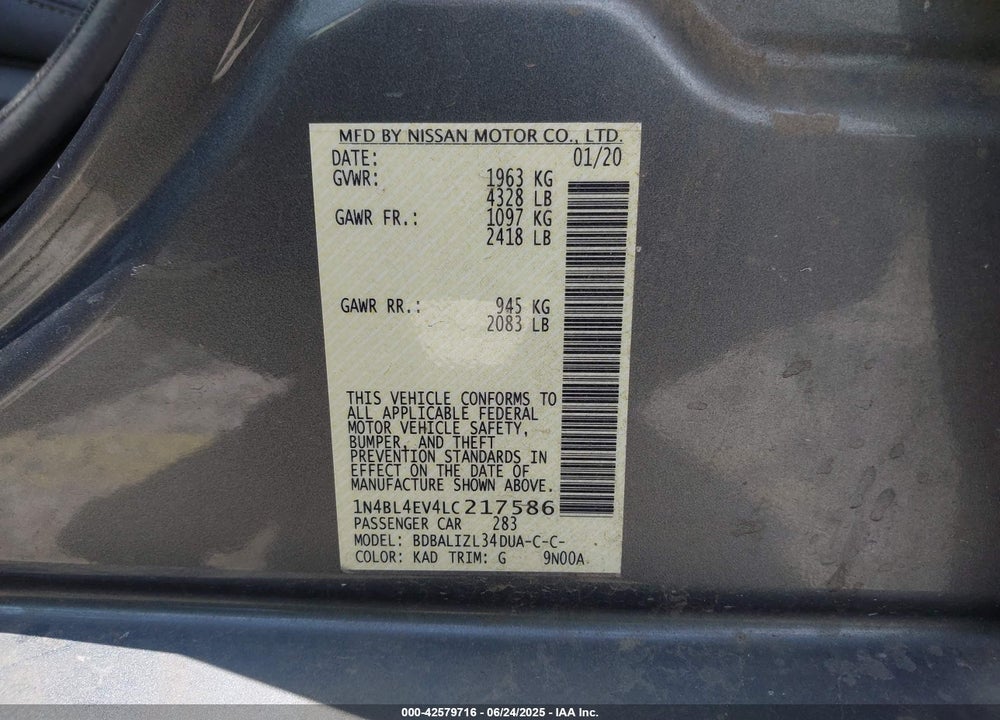 2020 NISSAN ALTIMA VIN: 1N4BL4EV4LC217586