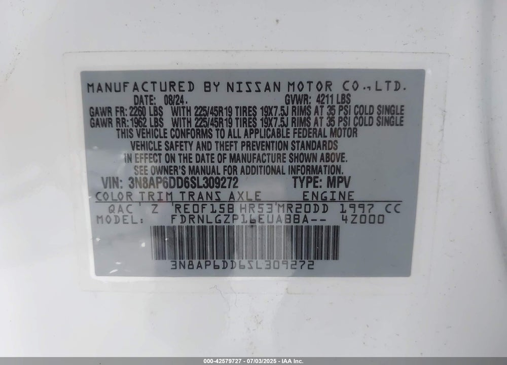 2025 NISSAN KICKS VIN: 3N8AP6DD6SL309272
