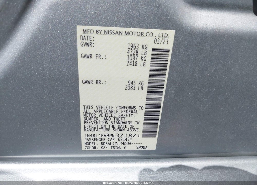 2023 NISSAN ALTIMA VIN: 1N4BL4EV9PN371821