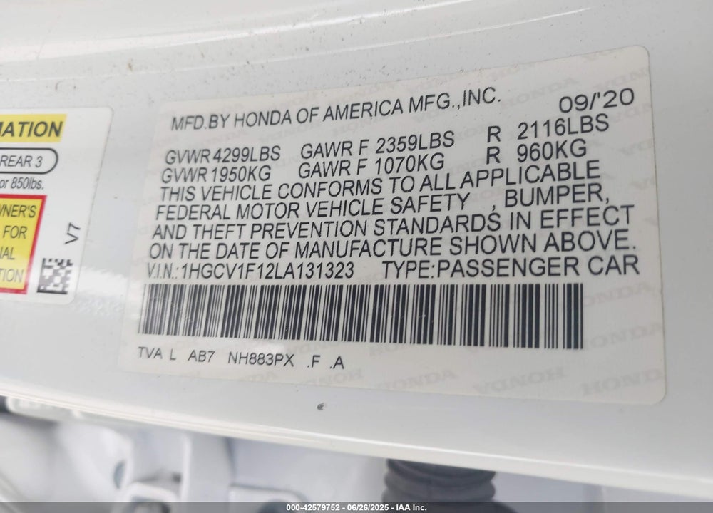 2020 HONDA ACCORD LX VIN: 1HGCV1F12LA131323