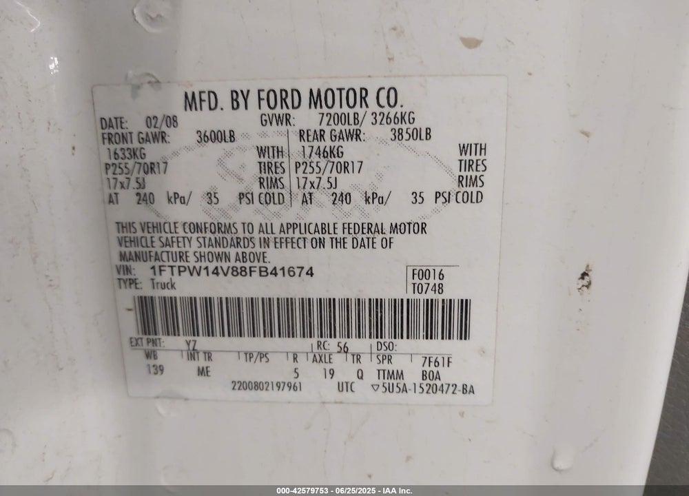 2008 FORD F150 SUPERCREW VIN: 1FTPW14V88FB41674